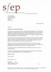 SfEP Advanced Membership, letter of acceptance