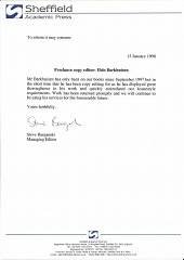 Copy-editing Testimonial, Sheffield Academic Press, 1998