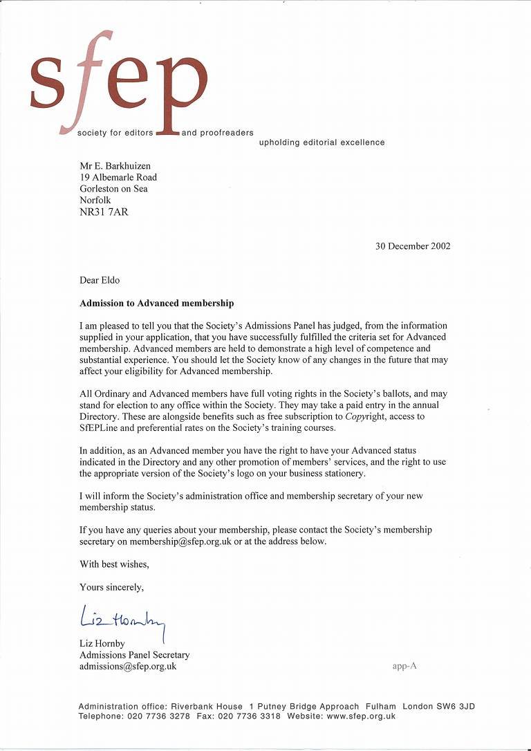 UK Society for Editors & Proofreaders Advanced Membership, Eldo's letter of acceptance